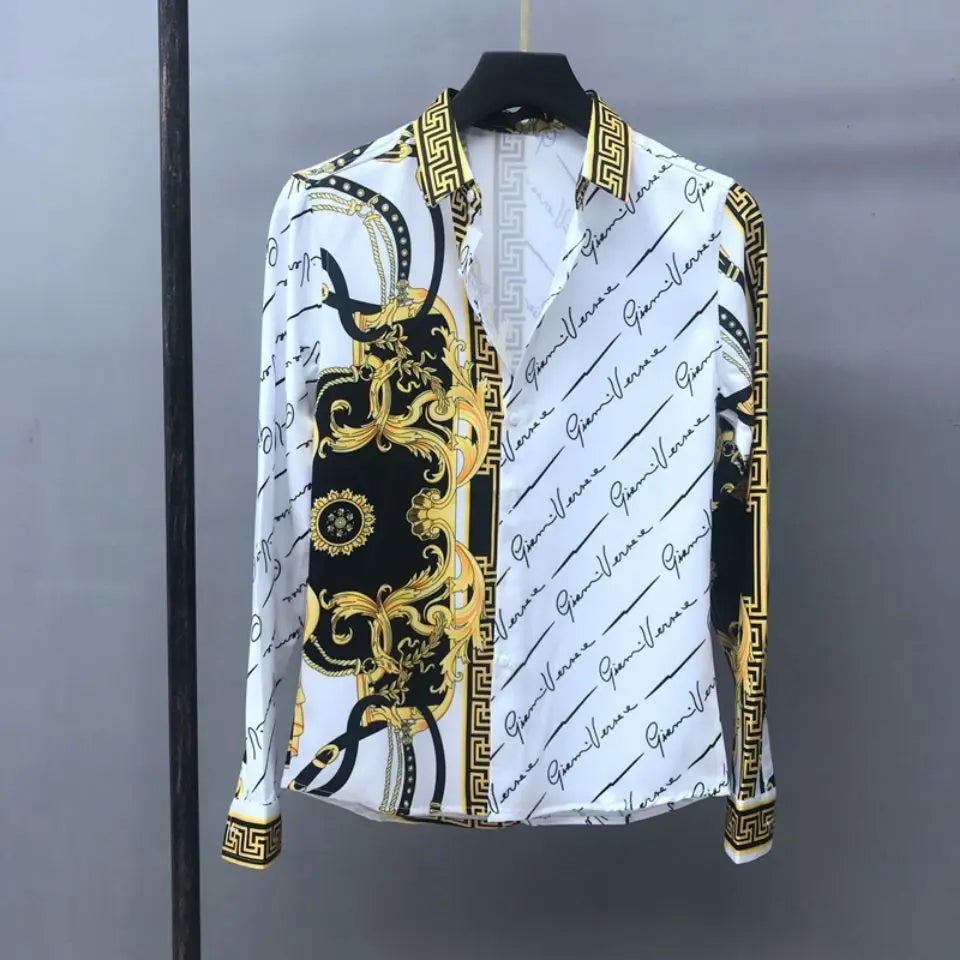 European Men's Spring And Autumn Long Sleeved Shirt, European And American Royal Court Style Retro Fashion Casual Print Lining