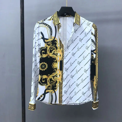 European Men's Spring And Autumn Long Sleeved Shirt, European And American Royal Court Style Retro Fashion Casual Print Lining