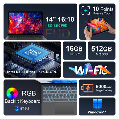 Ninkear T40 Laptop Touchscreen 2 in 1 Tablet Intel N100 14 Inch Fhd 16Gb Ddr5+512Gb Ssd Wifi 6 Rgb Backlit Keyboard with Stylus