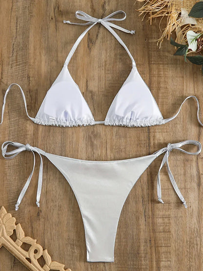 Sexy Shiny Pu Faux Leather Bikini 2025 Women Swimwear Female Swimsuit Two-pieces Bikini set String Bather Bathing Suit Swim Lady