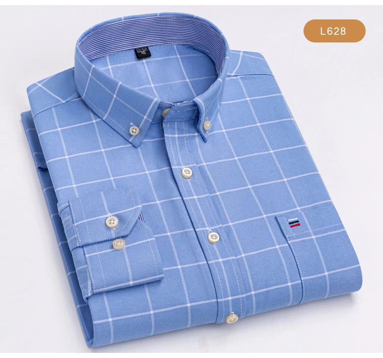 Men's Oxford Long Sleeve Shirt 100% Cotton Wrinkle Resistant & Breathable, Solid Plaid Striped Comfort Casual Button-down Shirts