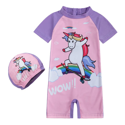 2025 Toddler Children Swimwear Suit Print UV Kids Boys Girls Summer Beach Clothes 2Pcs Cap+Bathing Swimming Diving Swimsuit