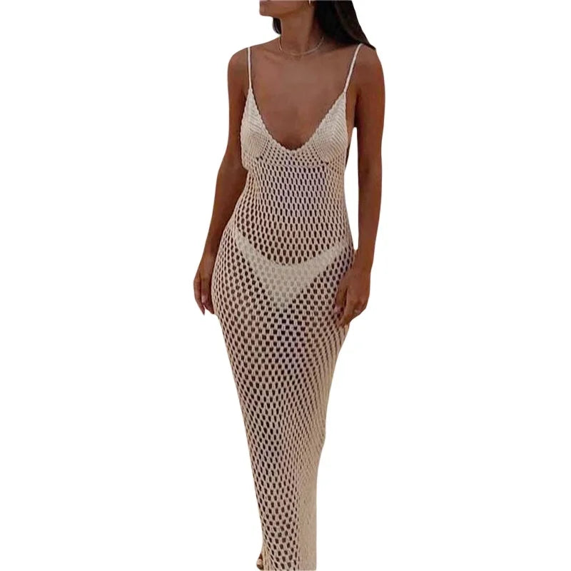 Lamuusaa Sexy Beach Dress Women Bikini Cover Ups Solid Color V Neck Crochet Cutout Sleeveless Backless Long Dress Party Dresses
