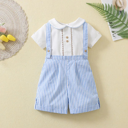Ins Handmade Baby Boys' Clothes New British Wind Cotton Short-sleeved Shirt Embroidered Bear Clothes Baby Boys Boutique Suits