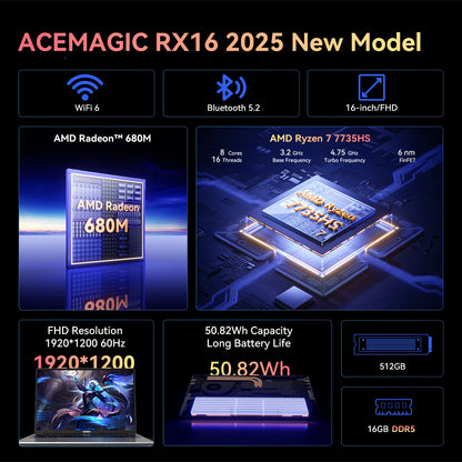 ACEMAGIC RX16 AMD Ryzen 7 7735HS /H255 16" Ultra Slim 4400MAH Laptop 16GB Ram 512GB Rom Windows 11Pro BT5.2 Wifi 6 Notebook