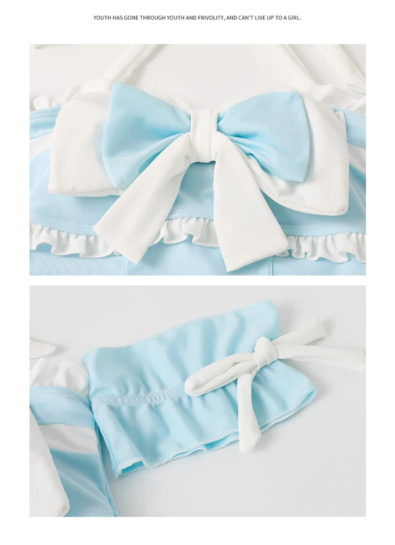 Japanese Lolita Girls Bow Cute Water Blue Swimsuit Hot Spring Bathing Swimwear Japanese Style Women One Peice Swimming Suit