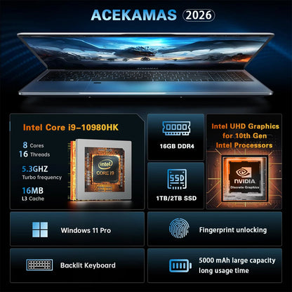 ACEKAMAS 2026 15.6" Intel Core i9 10980HK Laptop Computer Windows 11 Pro 16GB DDR4 1TB SSD Notebook PC Portable Laptops Gaming