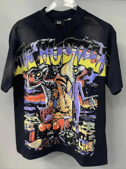 New fashion brand LIFE HUSTLERS Y2K hot stamping hole Men Women T-shirt Streetwear 100% Cotton Loose Round Neck Top Tees