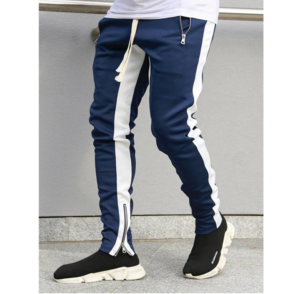 Mens Training Pants Plaid GYM Track Sweatpants Grey Joggers Breathable Stripe Fitness Male Running Sport Trousers Zipper Pockets
