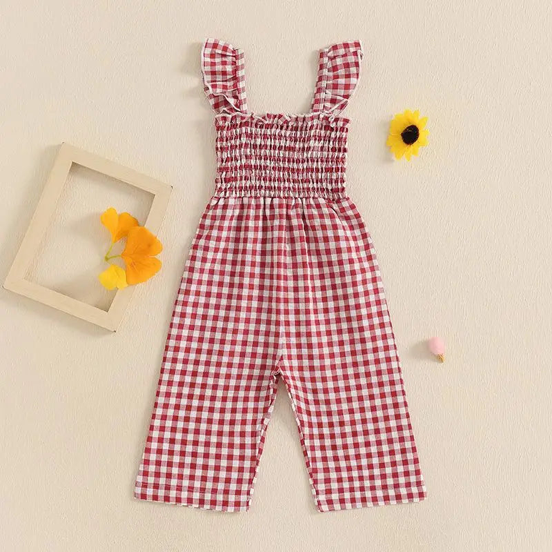 2025 Baby Girl Clothes Girl Cotton Overalls Ruffle Sleeve Strappy Gingham Checkered Romper Casual Loose Pants Outfit 0-4Y