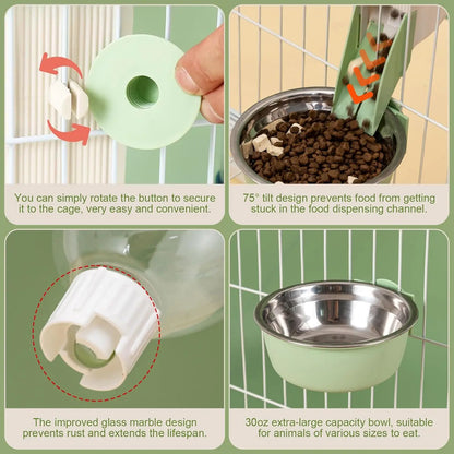 Hanging Automatic Pet Cat Food Feeder with 30oz Bowl and 500ml Water Dispenser Bunny Gravity Feeding Station Waterer Set Feeder