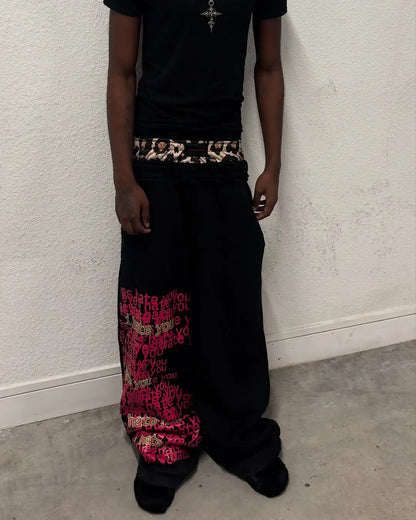 Retro double waist design casual street men pants hip-hop gothic harajuku loose pants Y2K letter pattern sports pants