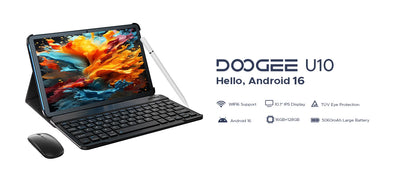 DOOGEE U10 Tablet 10.1" HD Display Android 16 16GB RAM 128GB ROM 5060mAh Large Battery Widevine L1 WiFi6 8MP+5MP Pad PC
