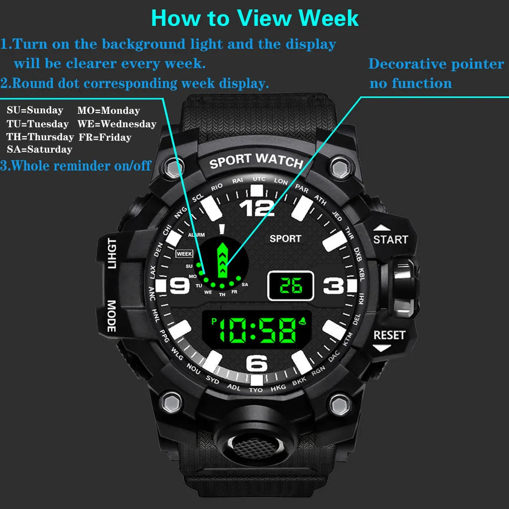 YIKAZE Sports Watch Men's LED Digital Watches Multifunction Military Clock Big Dial Waterproof Fitness Electronic Watch For Man