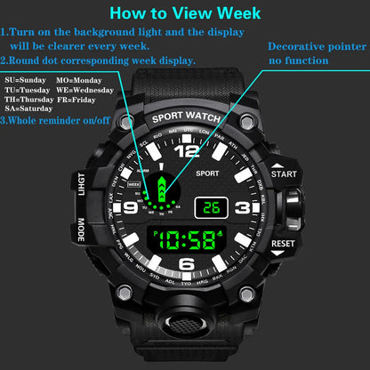YIKAZE Sports Watch Men's LED Digital Watches Multifunction Military Clock Big Dial Waterproof Fitness Electronic Watch For Man
