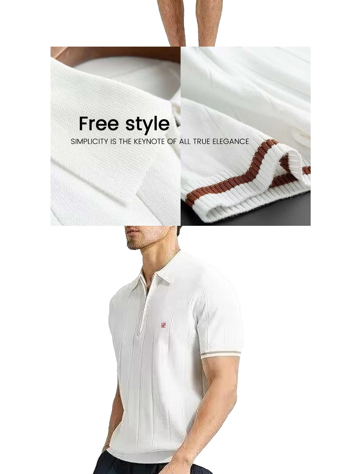 CH Men's Knitted Polo Shirt Half Zipper Lapel Short Sleeve Solid Color Casual Business Summer Breathable Top Tee