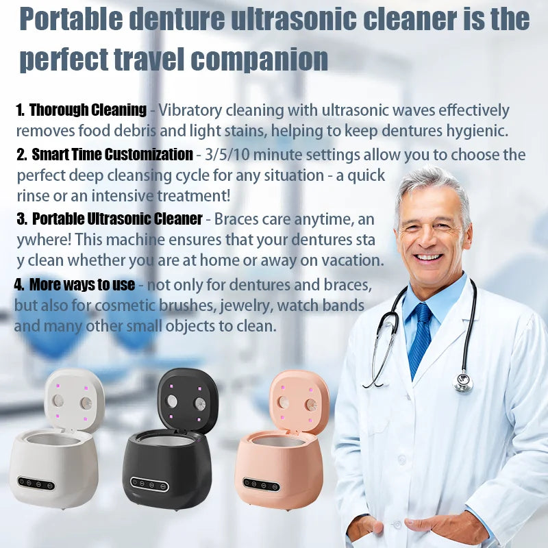 Ultrasonic 48KHz Automatic Denture Cleaner USB Multifunctional Makeup Brush Cleaner with 3 Timer Settings for Oral Care