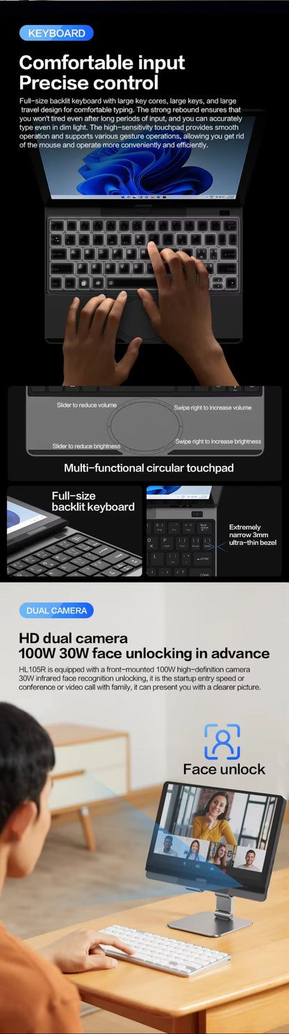 Portable Mini Laptop 10.5inch Touch Screen Notebook N150 32GB+128GB-1TB IPS Small Notebook Portable PC Micro Computer windows 11