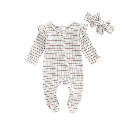 0-9M Newborn Baby Girl Clothes Ruffle Baby Sleeper Zipper Footie Knit Romper Playsuit Jumpsuit with Headband Outfit 2 Piece