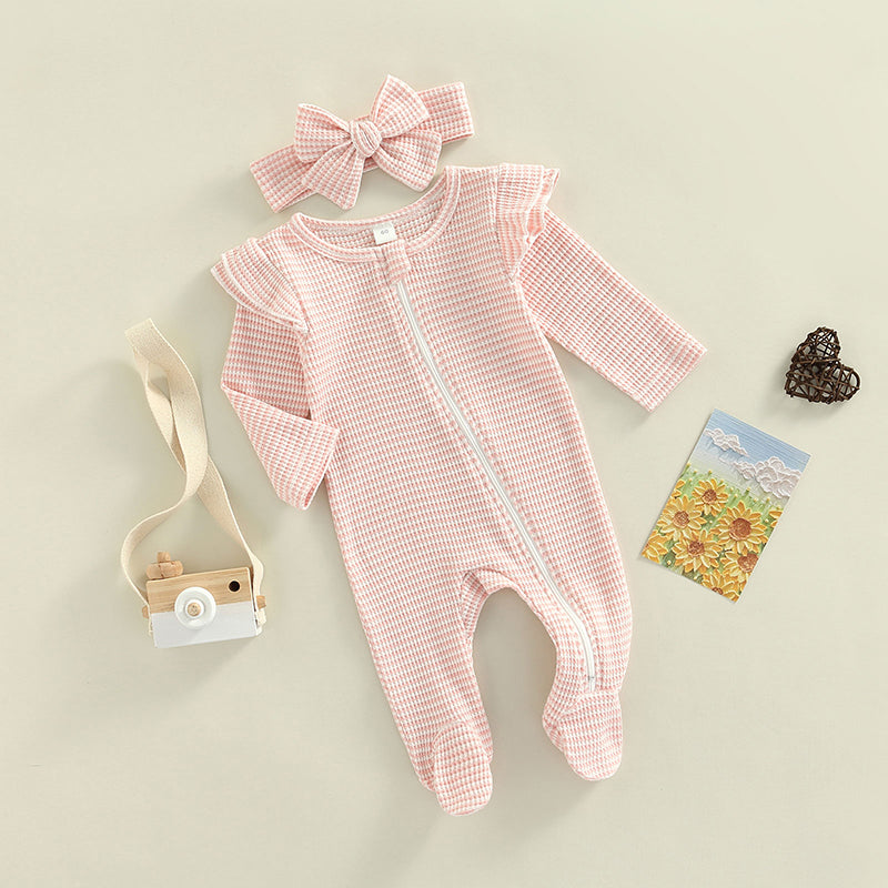 0-9M Newborn Baby Girl Clothes Ruffle Baby Sleeper Zipper Footie Knit Romper Playsuit Jumpsuit with Headband Outfit 2 Piece