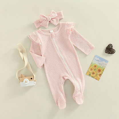 0-9M Newborn Baby Girl Clothes Ruffle Baby Sleeper Zipper Footie Knit Romper Playsuit Jumpsuit with Headband Outfit 2 Piece