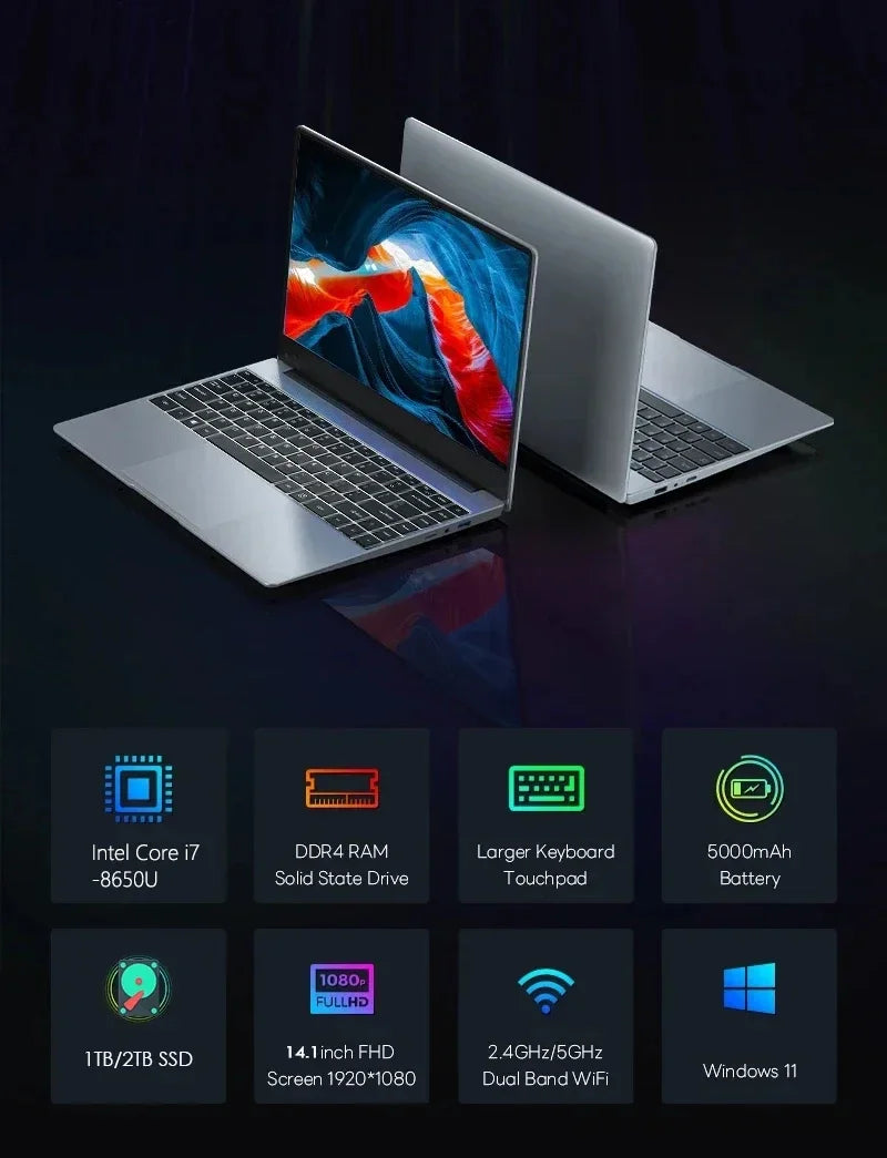 LENO HOT 14.1" Ultra Slim Laptop 32GB 2TB Intel Core i7 8650U Windows 11 Gaming Computer PC Gamer office Notebook 1920*1080 HD