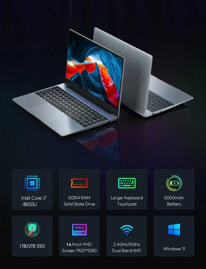LENO HOT 14.1" Ultra Slim Laptop 32GB 2TB Intel Core i7 8650U Windows 11 Gaming Computer PC Gamer office Notebook 1920*1080 HD