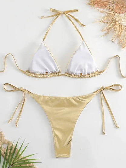 Sexy Shiny Pu Faux Leather Bikini 2025 Women Swimwear Female Swimsuit Two-pieces Bikini set String Bather Bathing Suit Swim Lady