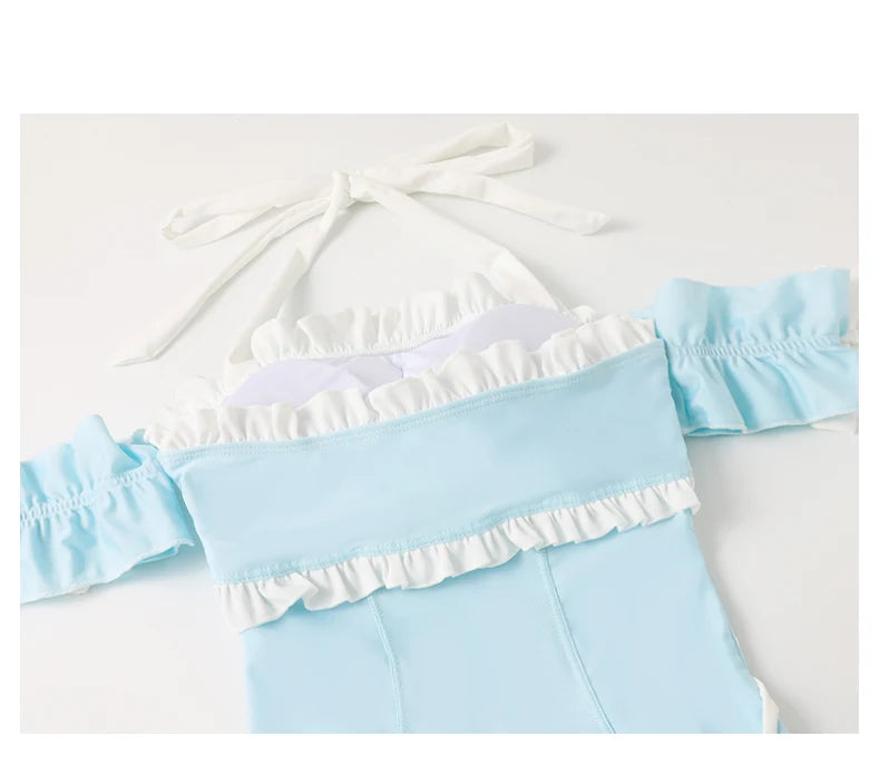 Japanese Lolita Girls Bow Cute Water Blue Swimsuit Hot Spring Bathing Swimwear Japanese Style Women One Peice Swimming Suit