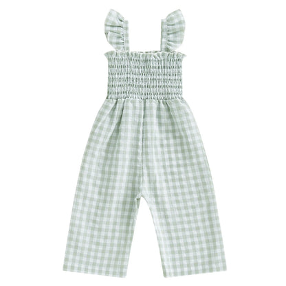 2025 Baby Girl Clothes Girl Cotton Overalls Ruffle Sleeve Strappy Gingham Checkered Romper Casual Loose Pants Outfit 0-4Y