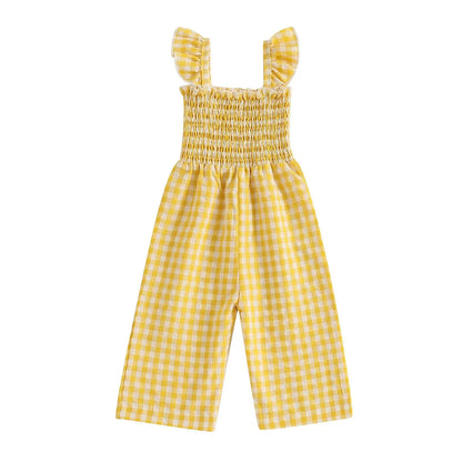2025 Baby Girl Clothes Girl Cotton Overalls Ruffle Sleeve Strappy Gingham Checkered Romper Casual Loose Pants Outfit 0-4Y