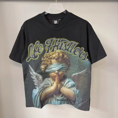 New fashion brand LIFE HUSTLERS Y2K hot stamping hole Men Women T-shirt Streetwear 100% Cotton Loose Round Neck Top Tees
