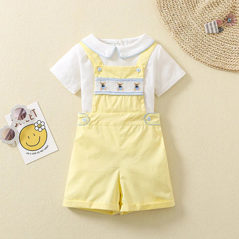 Ins Handmade Baby Boys' Clothes New British Wind Cotton Short-sleeved Shirt Embroidered Bear Clothes Baby Boys Boutique Suits