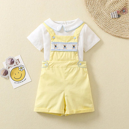 Ins Handmade Baby Boys' Clothes New British Wind Cotton Short-sleeved Shirt Embroidered Bear Clothes Baby Boys Boutique Suits