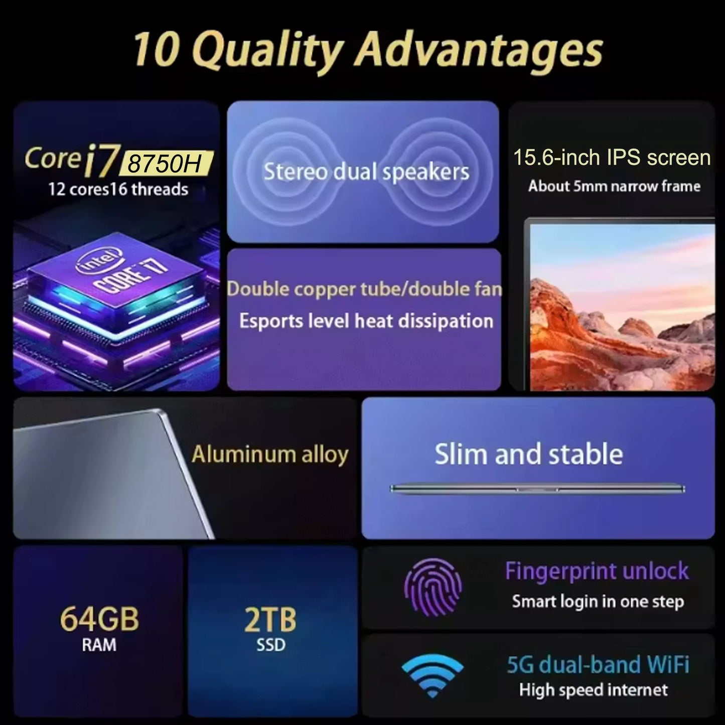 NEW S3 Computer 15.6 Inch Intel Core i7-8750H Por Laptop 2*DDR4 2*M.2 64GB 2TB SSD  Windows 11 Fingerprint Unlock 60Hz