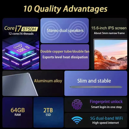 NEW S3 Computer 15.6 Inch Intel Core i7-8750H Por Laptop 2*DDR4 2*M.2 64GB 2TB SSD  Windows 11 Fingerprint Unlock 60Hz