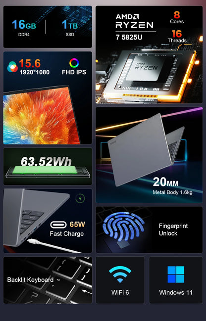 Ninkear A15 Plus 2026 Gaming Laptop Computers AMD Ryzen™ 7 5825U 4.5Ghz 15.6' FHD IPS 16GB DDR4 + 1TB SSD Backlit Keyboard FP Unlock