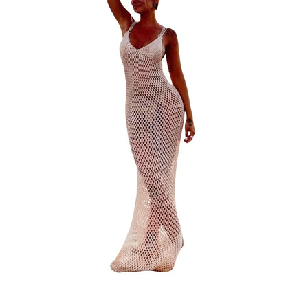 Lamuusaa Sexy Beach Dress Women Bikini Cover Ups Solid Color V Neck Crochet Cutout Sleeveless Backless Long Dress Party Dresses