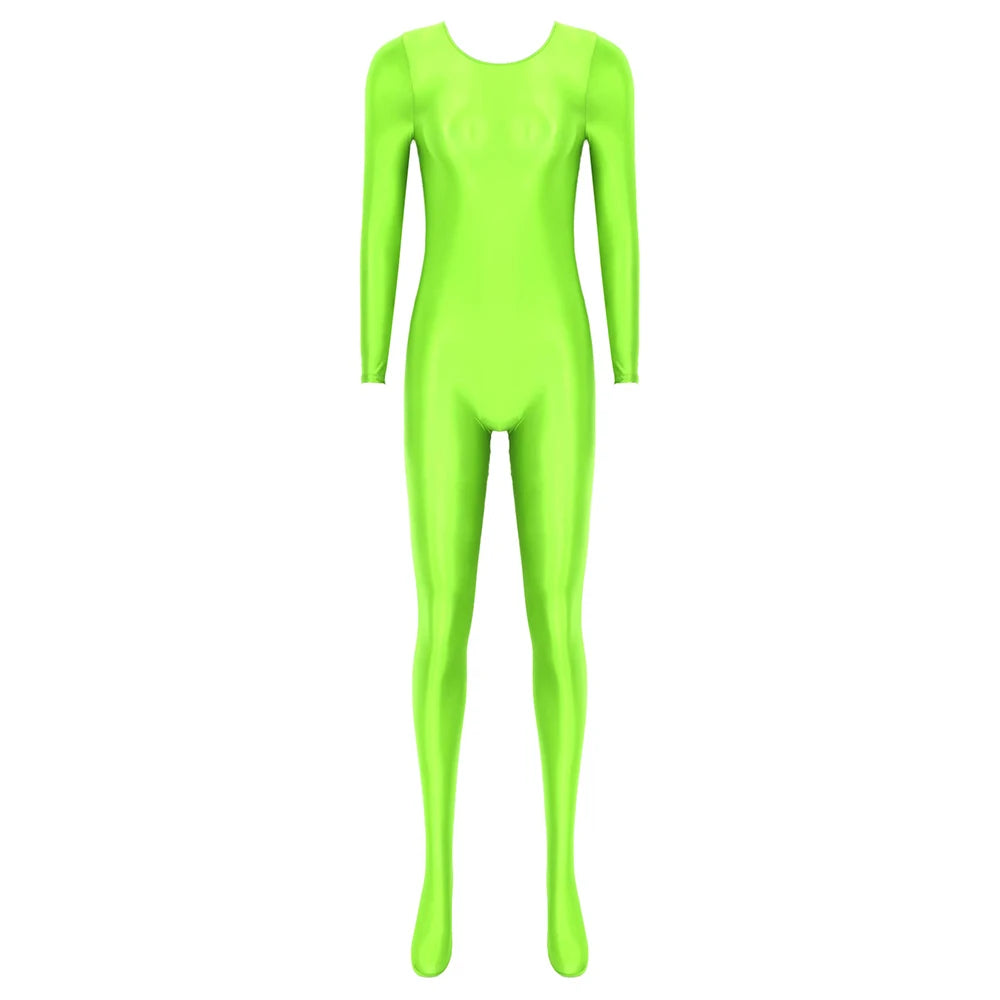 Women Oil Shiny Long Sleeve Pantyhose Jumpsuit Bodystocking Yoga Gymnastics Shapewear One-Piece Swimsuit Catsuit Glossy Bodysuit