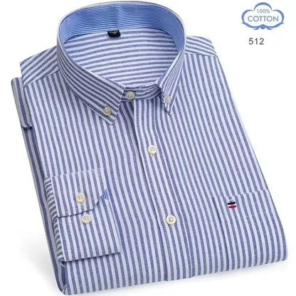 100% Pure Cotton Oxford Shirts for Men Long Sleeve Plaid Shirt Striped Male Business Checked Red Shirt Mans Designer Clothes 7XL