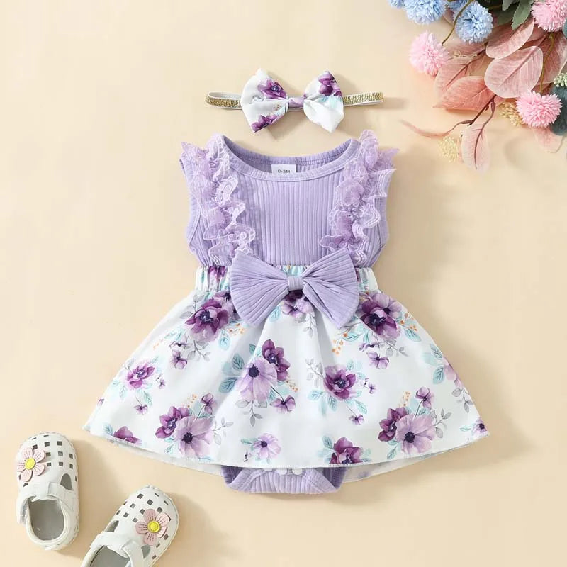 0-18 Months Infant Girl Summer Clothes Set Sleeveless Romper Dress + Headband Sweet Casual Baby Outfit