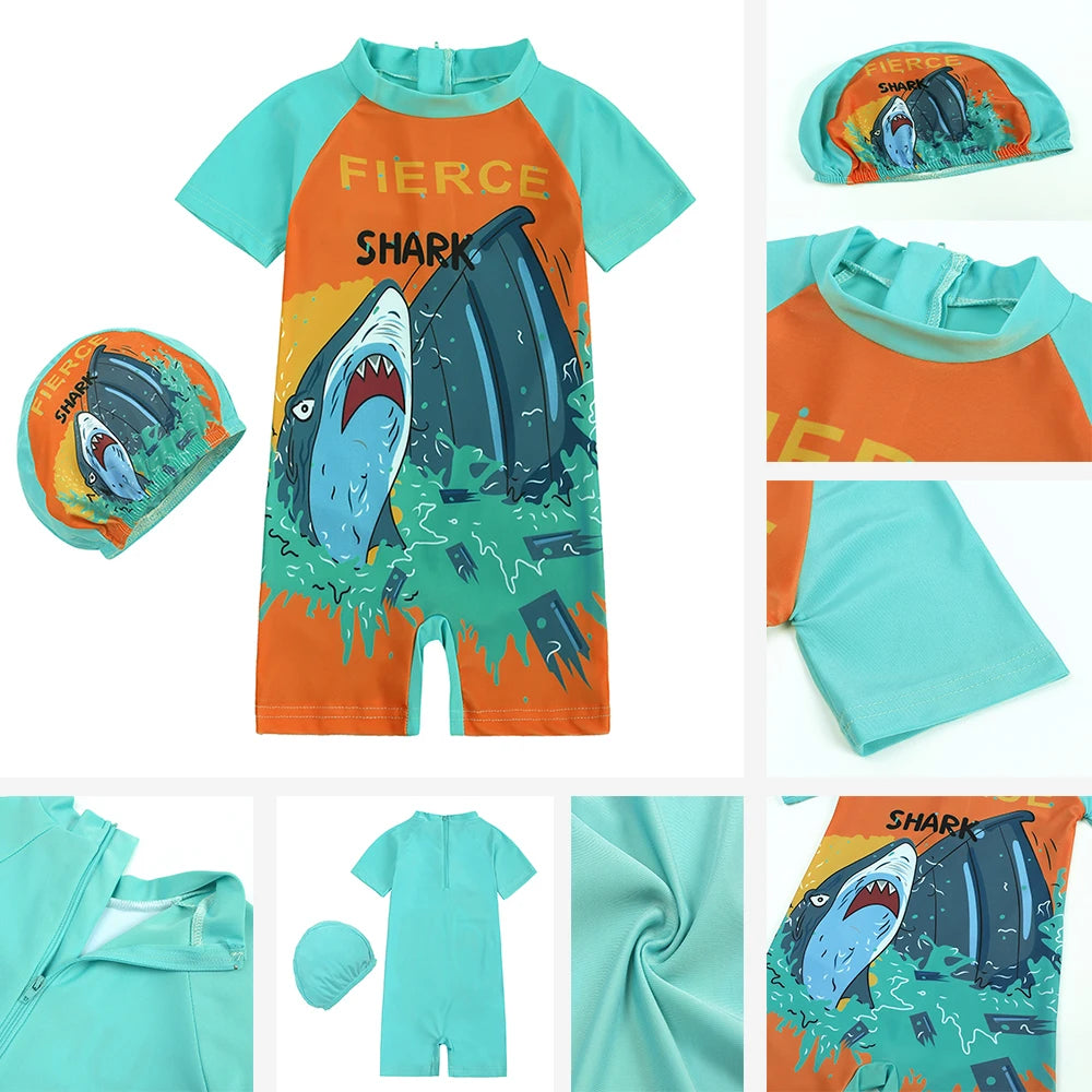 2025 Toddler Children Swimwear Suit Print UV Kids Boys Girls Summer Beach Clothes 2Pcs Cap+Bathing Swimming Diving Swimsuit