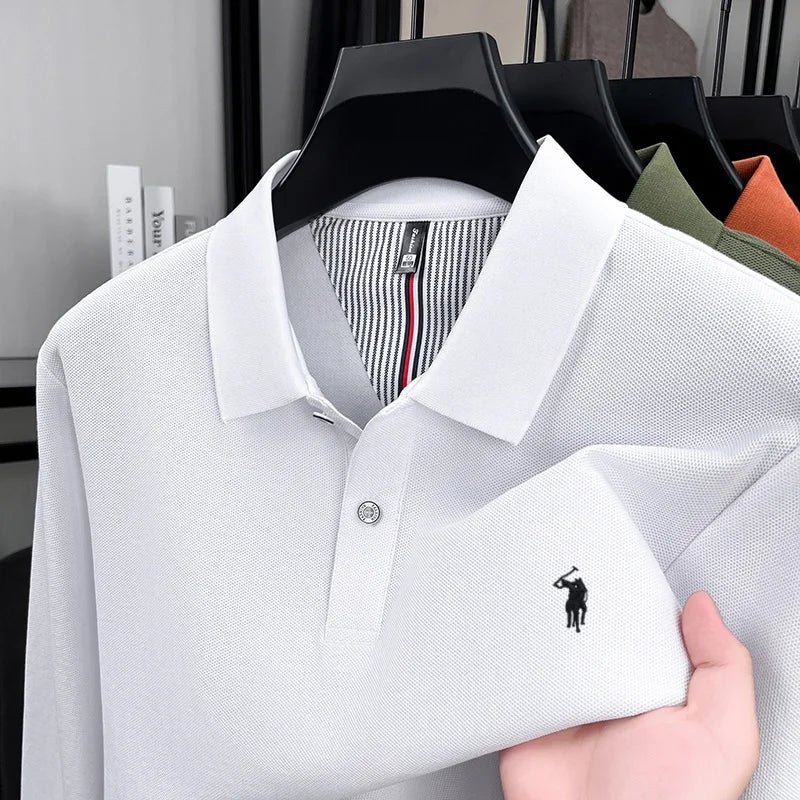100% pure cotton autumn and winter men's fashion sports brand embroidered pony long sleeved POLO shirt business casual T-shirt