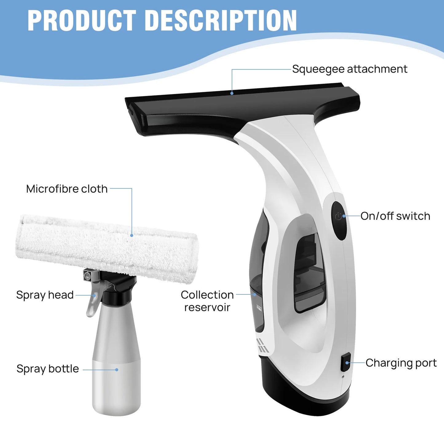 Cordless Window Vac, Rechargeable Window Vacuum Cleaner with Squeegee Head, 150ml Water Tank, Lightweight, 30 Minutes Use On One