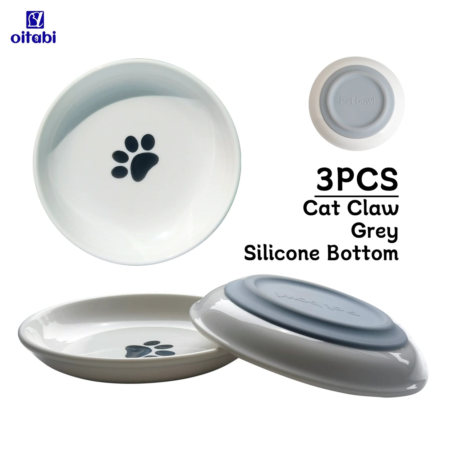 Oitabi 3PCS Cat Food Bowl, Ceramic Cat Bowls, Anti Whisker Fatigue Cats Bowl Set, Shallow Wide Kitten Plates for Food and Water