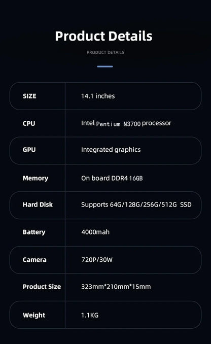 New Ultra Slim Laptop 14.1" 16GB RAM 2TB SSD Intel N3700 Notebook Gamer 1920*1080 Display Office Study Computer PC Windows 11 Pro