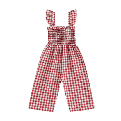 2025 Baby Girl Clothes Girl Cotton Overalls Ruffle Sleeve Strappy Gingham Checkered Romper Casual Loose Pants Outfit 0-4Y