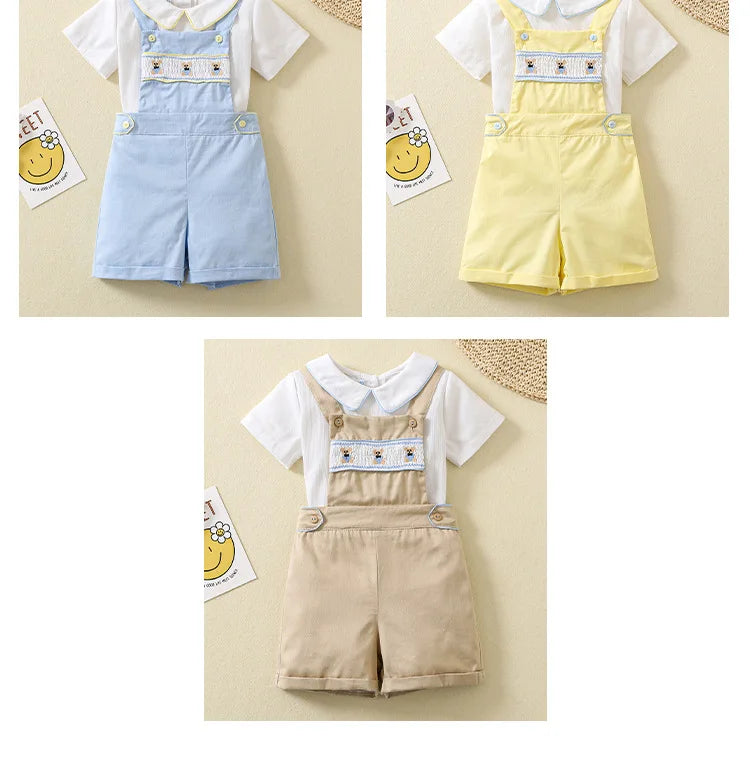 Ins Handmade Baby Boys' Clothes New British Wind Cotton Short-sleeved Shirt Embroidered Bear Clothes Baby Boys Boutique Suits