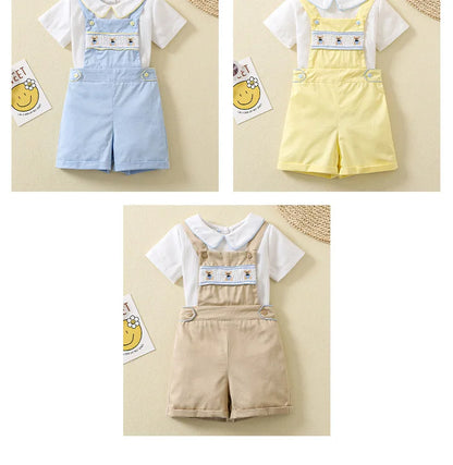 Ins Handmade Baby Boys' Clothes New British Wind Cotton Short-sleeved Shirt Embroidered Bear Clothes Baby Boys Boutique Suits