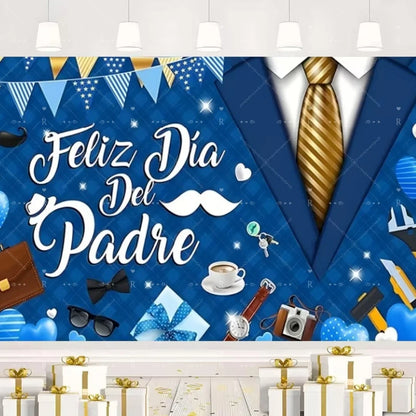 Happy Father's Day Family Party Decoration Background Feliz Día del Padre Golden Blue Balloon Backdrop for Man Tuxedo I Love Dad